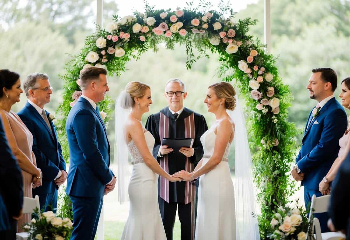 A couple stands before an officiant under a floral arch. Guests look on as the officiant speaks