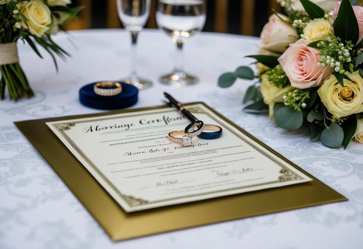 A ceremonial table with two rings, a bouquet, and a pen on a marriage certificate