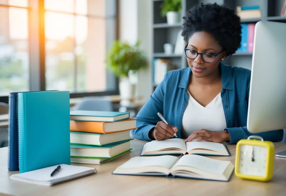 A person researching different educational pathways, with books, a computer, and a calendar, trying to figure out the time it takes to become a planner
