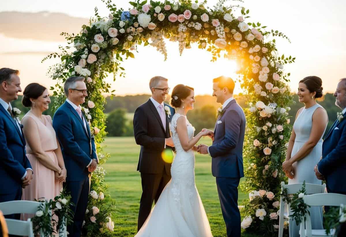 A bride and groom stand beneath a floral arch, surrounded by family and friends. The sun sets behind them as they exchange vows and rings