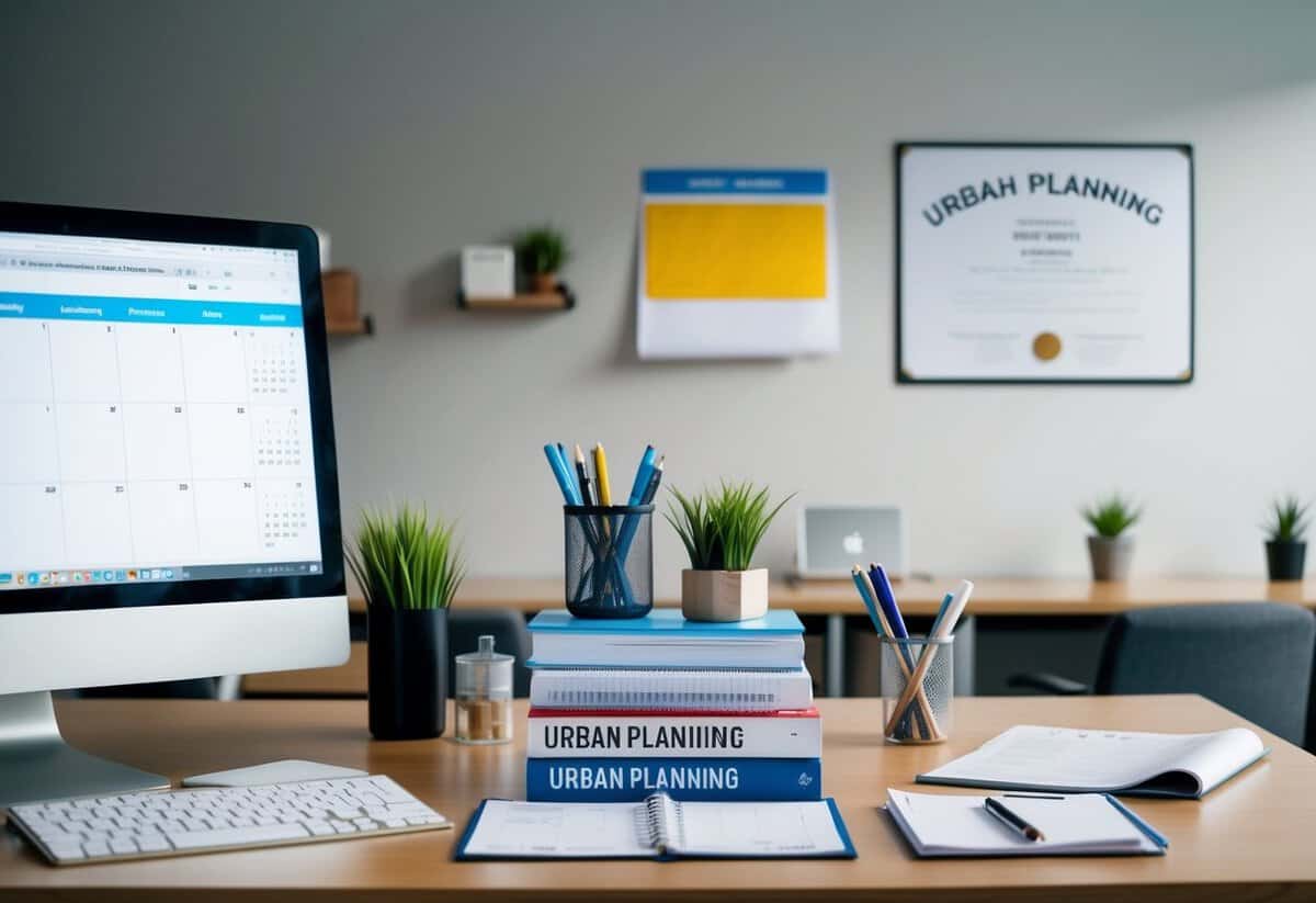 A planner's desk with a computer, calendar, and various office supplies. A stack of books on urban planning and a diploma on the wall