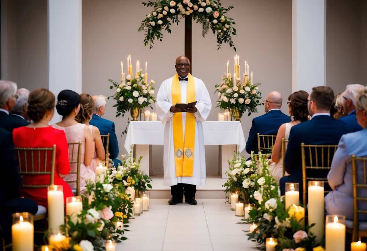 A celebrant stands at the altar, surrounded by flowers and candles. Guests are seated, eagerly awaiting the start of the wedding ceremony