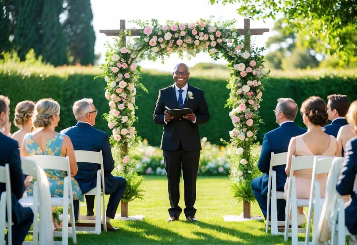 A celebrant stands beneath a floral arch, officiating a wedding ceremony in a sunlit garden. Guests sit in white chairs, witnessing the joyful event