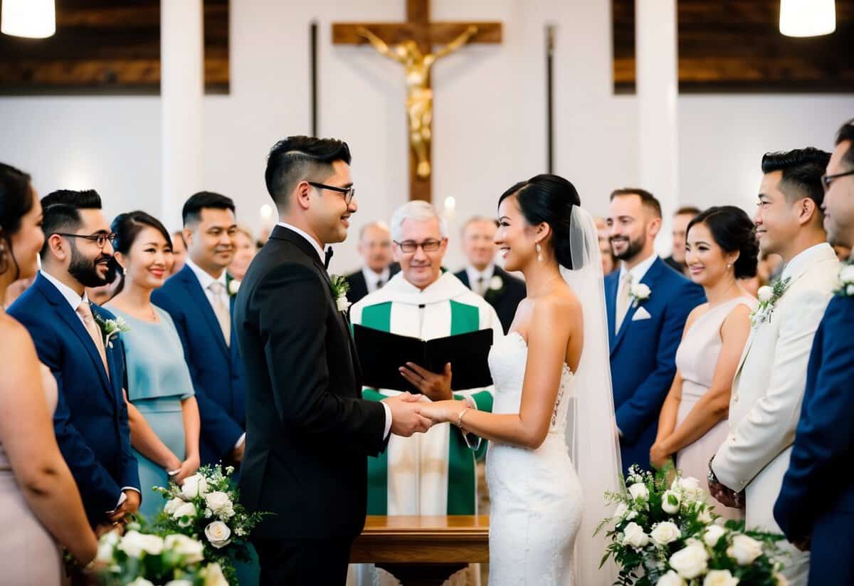 A celebrant stands at the altar, officiating a wedding ceremony. The bride and groom exchange vows while guests look on