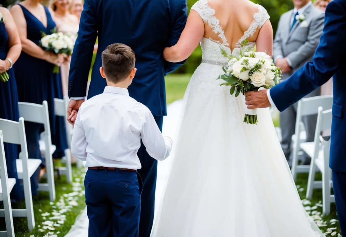 A father and son stand side by side, facing the bride and groom, as the son proudly gives his mother away at her wedding