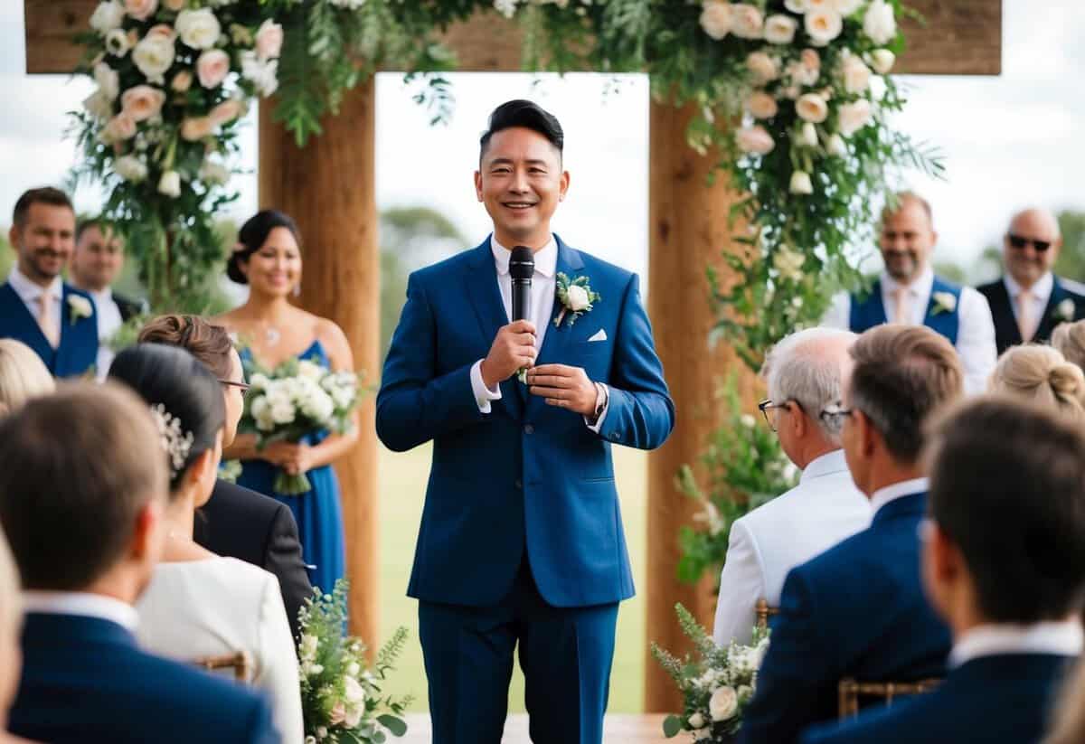 A celebrant stands at the front of a wedding ceremony, surrounded by flowers and decorative elements. They hold a microphone and speak to the gathered guests with a warm smile