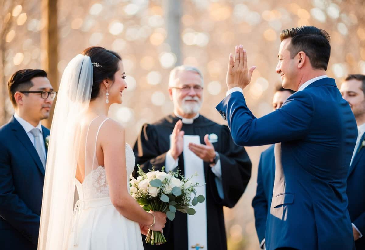 The officiant raises their arms, facing the couple, and offers a heartfelt blessing