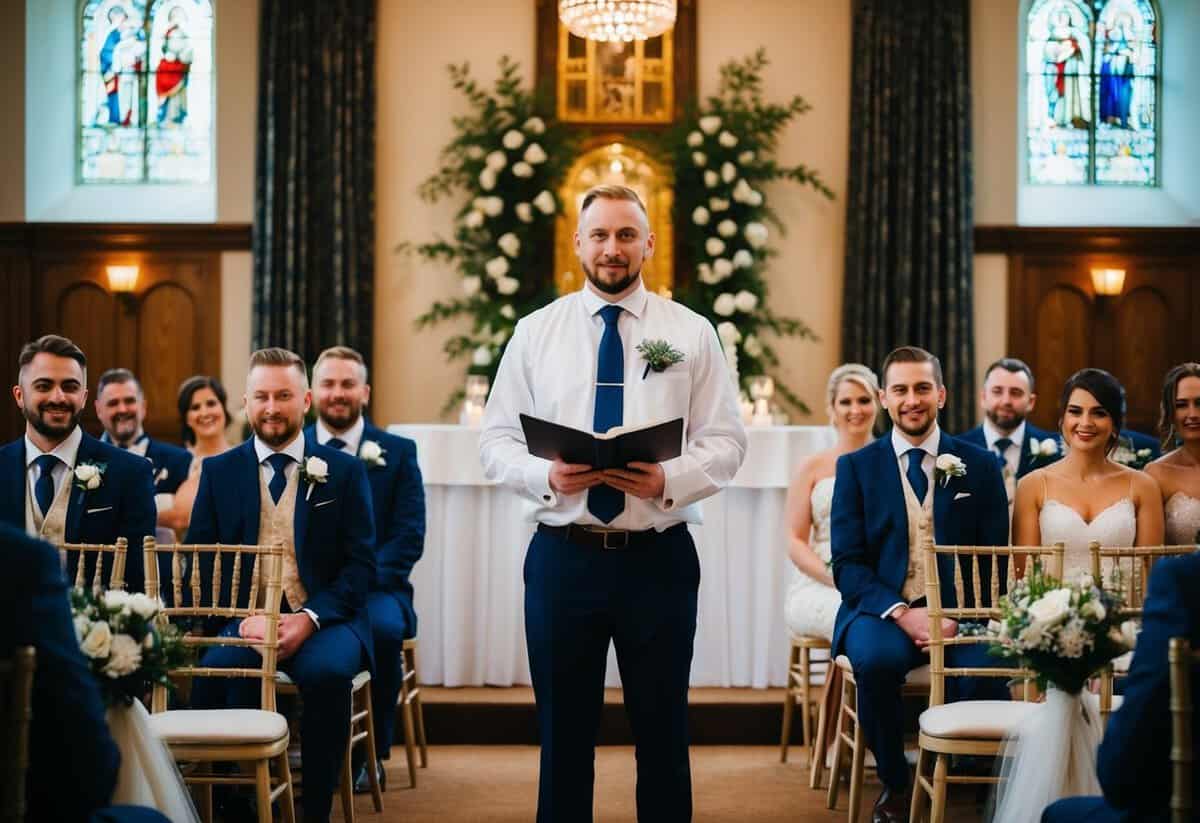 A celebrant leads a wedding ceremony in the UK, standing at the front of a decorated venue with the couple and guests seated before them