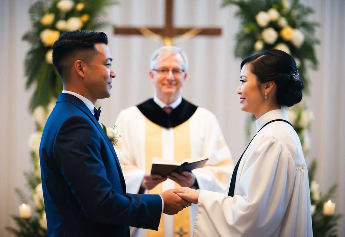 An officiant standing at the altar, facing the couple with a serene expression, ready to speak after the exchange of vows