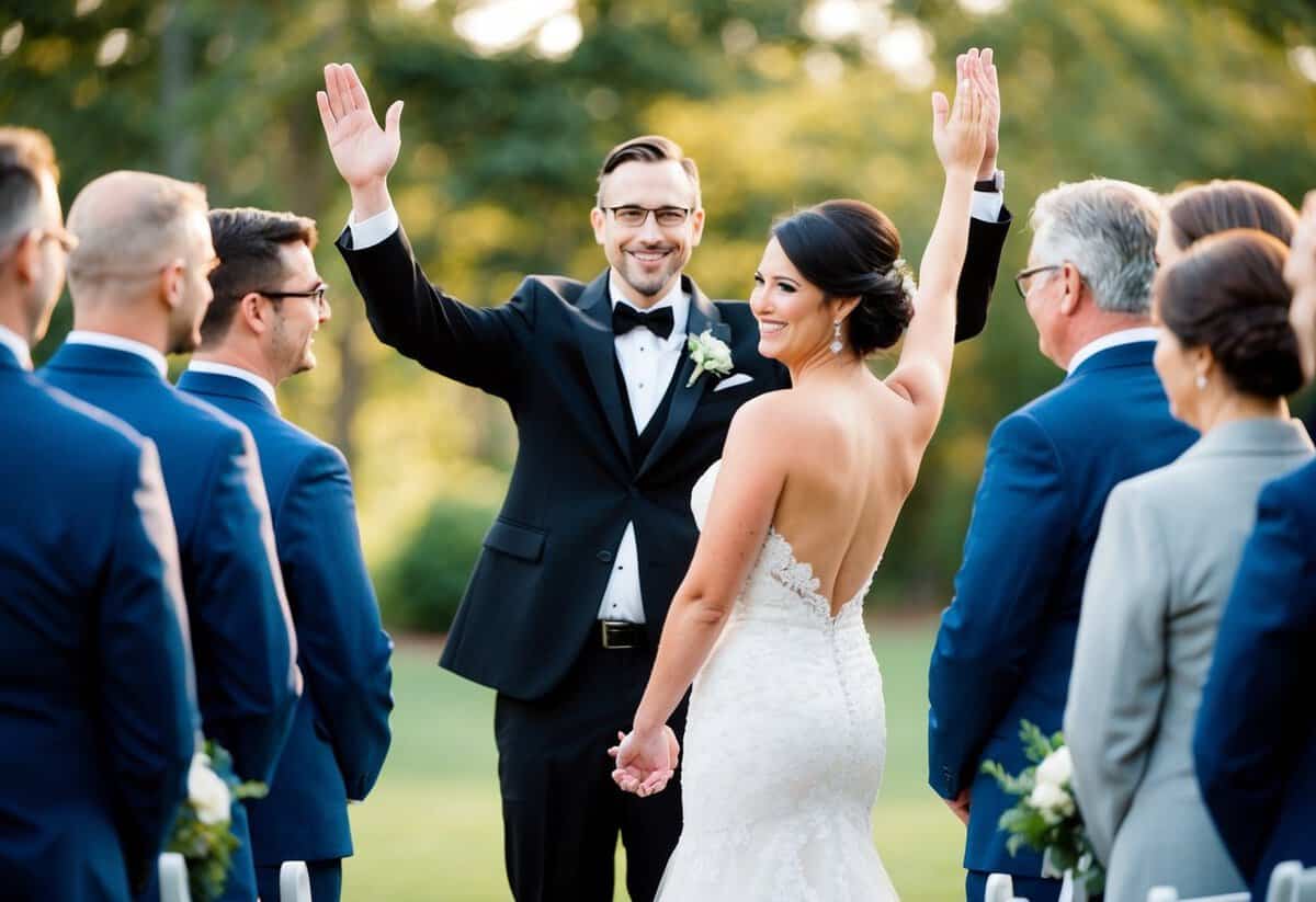 The officiant raises their arms, signaling the end of the vows. The couple smiles as they turn to face their guests, ready to continue the ceremony