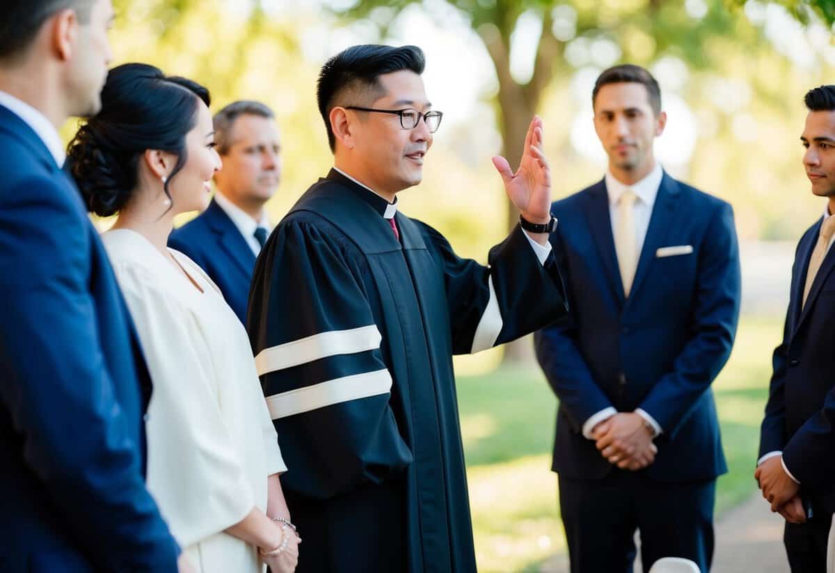 The officiant gestures towards the first person in line
