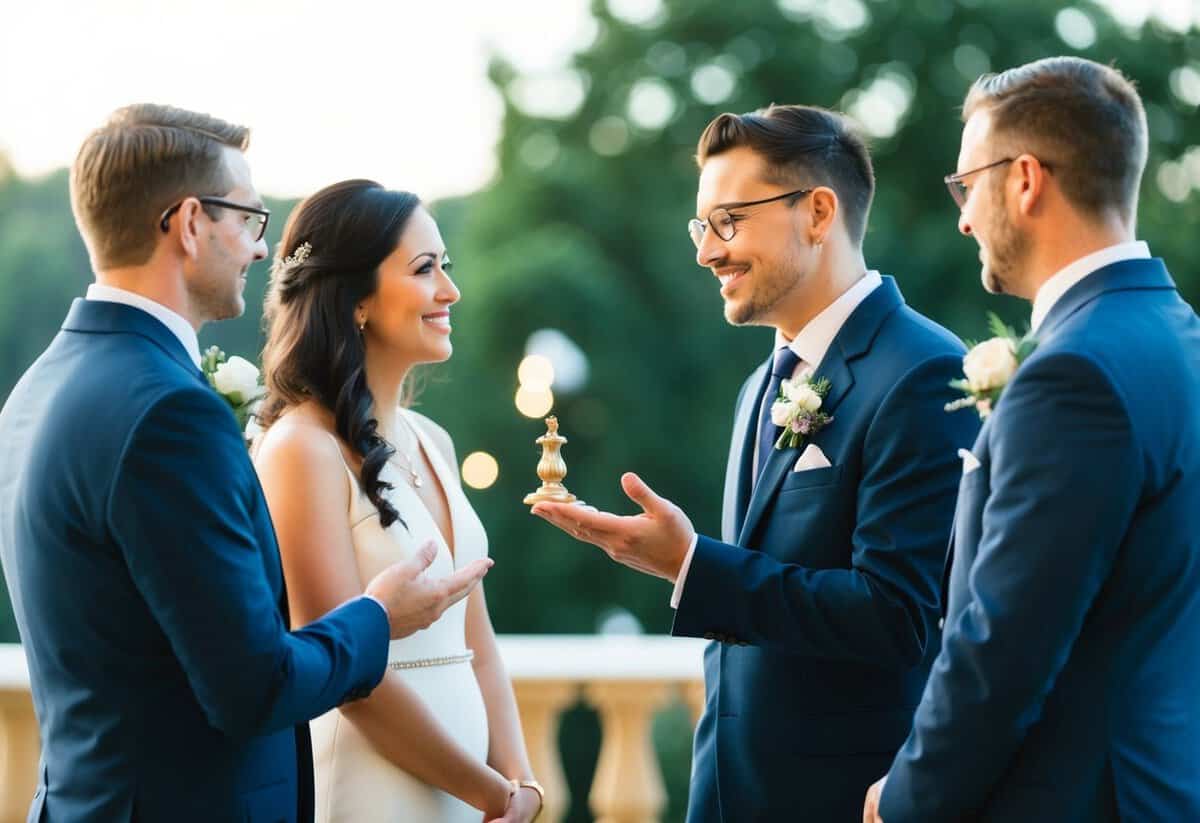 The officiant stands facing the couple, holding a ceremonial object. They gesture towards the couple, indicating who they will ask first