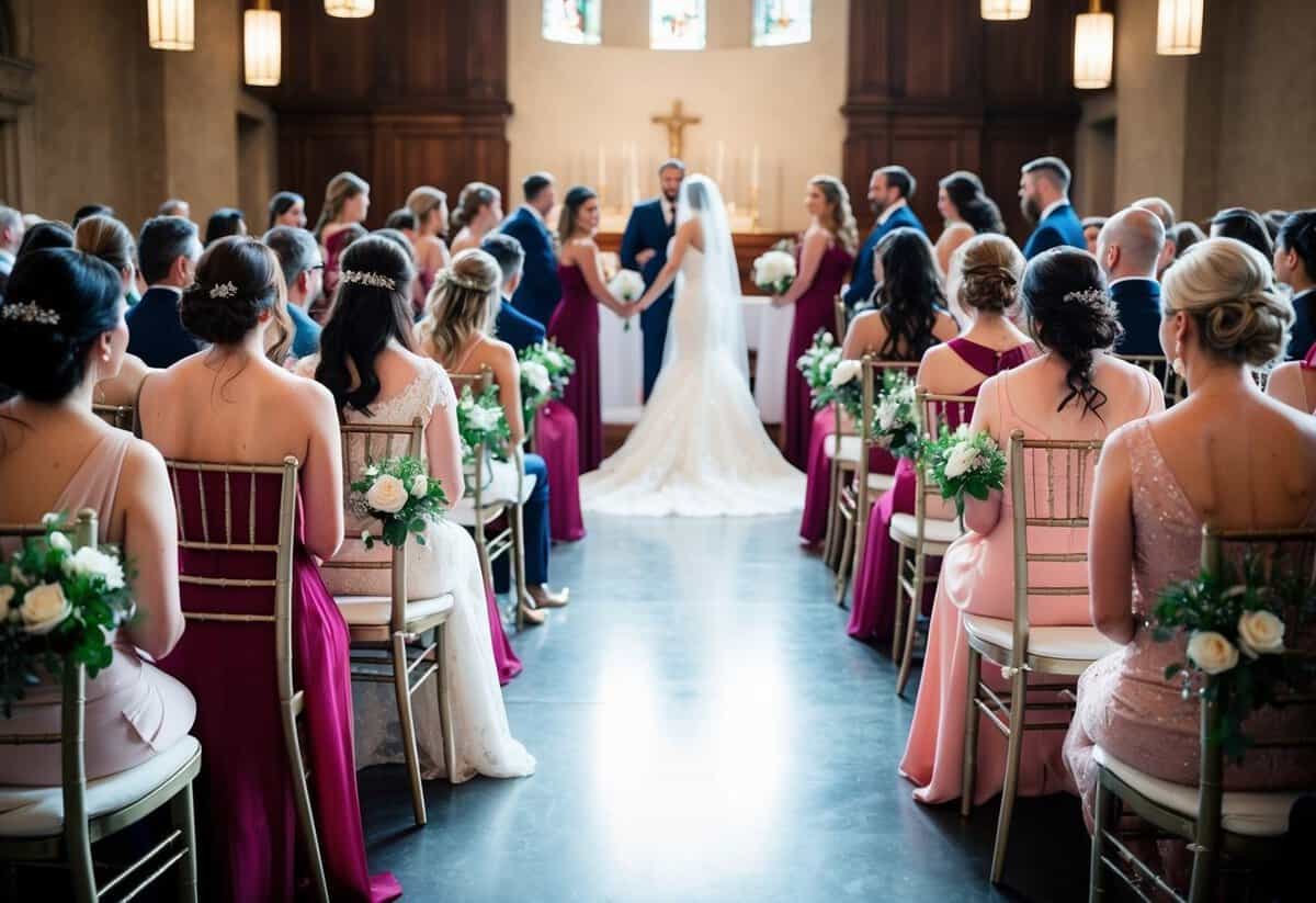 Bridesmaids sit in a row of chairs near the front of the ceremony, facing the altar and the bride and groom