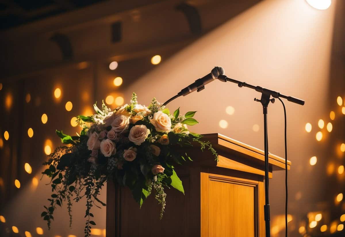 A podium adorned with flowers and a microphone, with a warm spotlight shining down, creating a cozy and intimate atmosphere