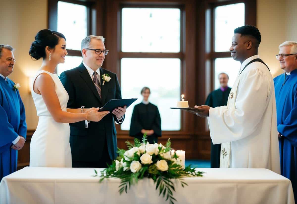 A celebrant and an officiant stand on opposite sides of a ceremonial table, each holding a symbolic item representing their respective roles