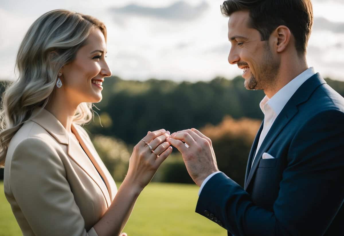 A man and woman standing facing each other, exchanging rings