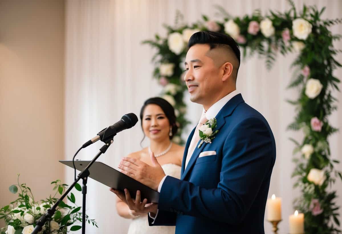 The officiant delivers a heartfelt speech, standing at the front of the room with a microphone and a backdrop of flowers and candles