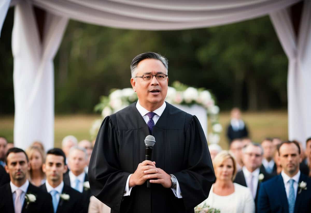 An officiant stands at the center of a ceremony, facing the audience, holding a microphone, and delivering a speech with confidence and authority