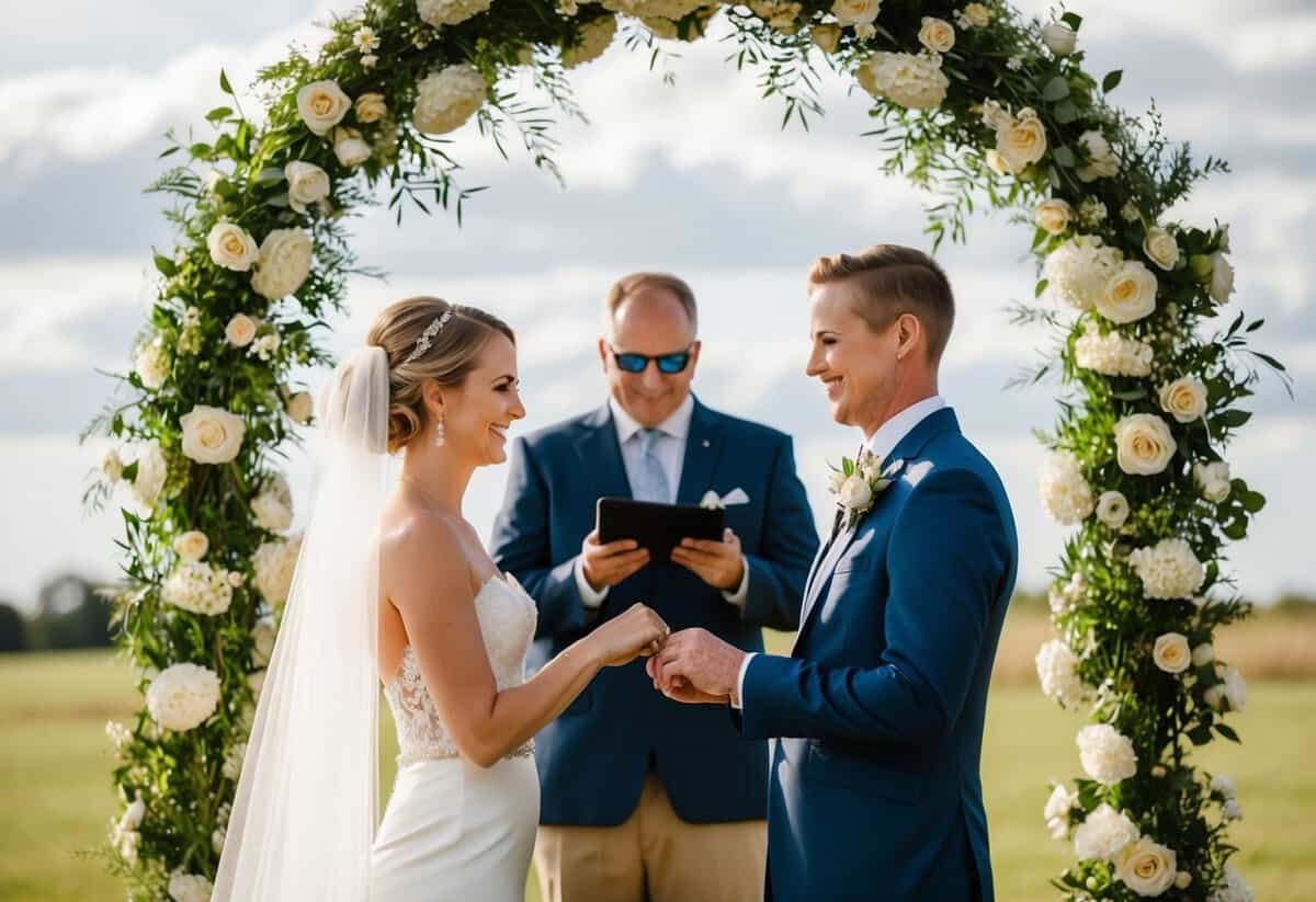 A bride and groom standing together under an arch of flowers, exchanging rings
