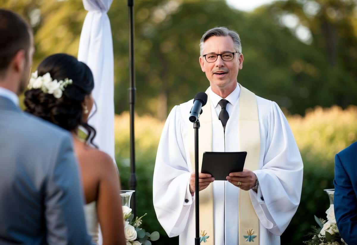 The officiant delivers a heartfelt speech, standing at the center of the ceremony components