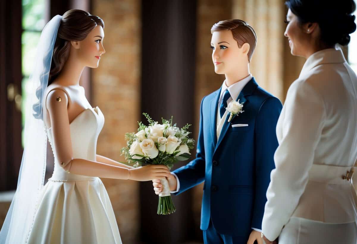 A figure in a formal attire stands next to the bride, holding a bouquet or offering a supportive gesture