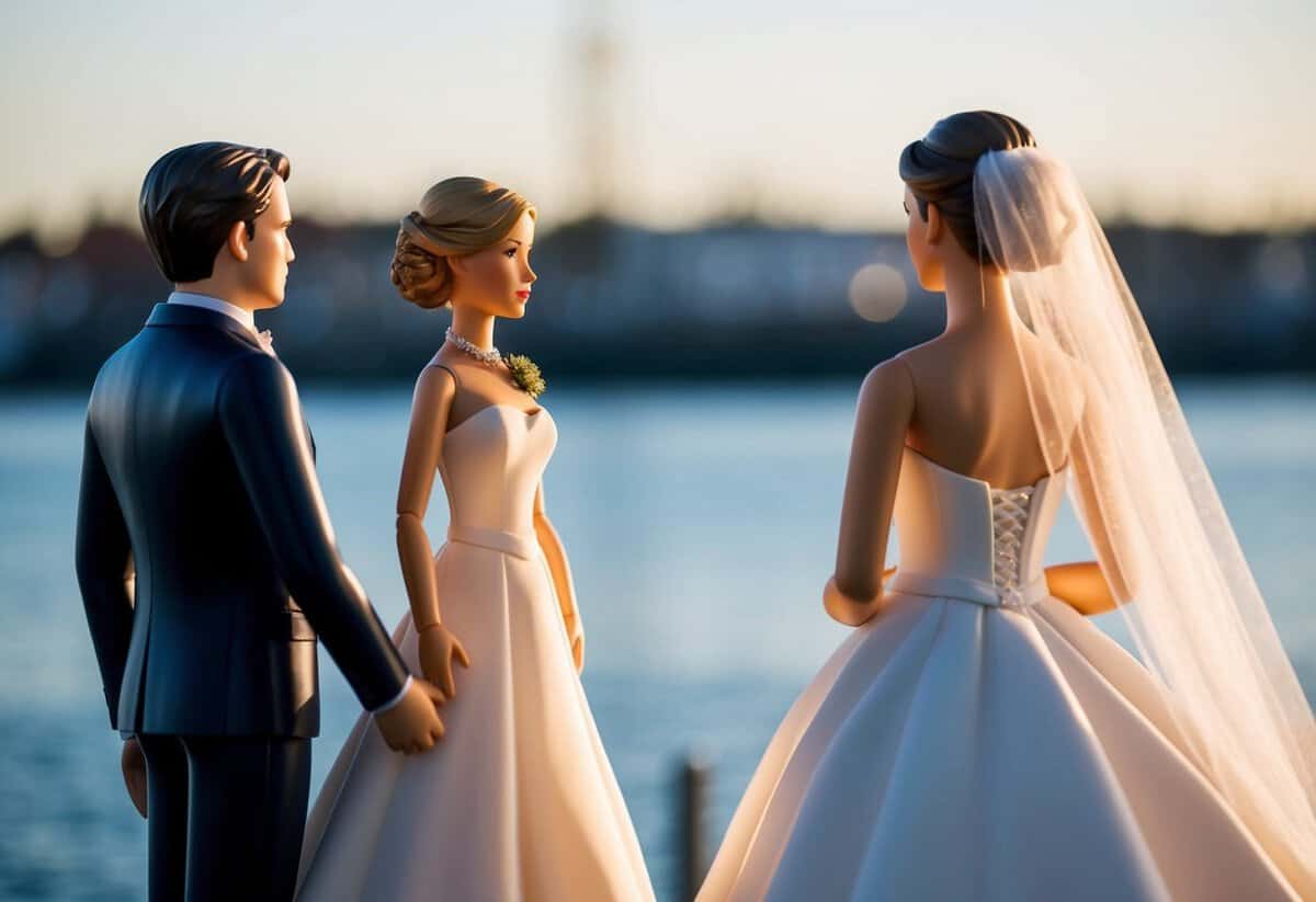 A figure in a formal attire stands beside the bride, facing the same direction