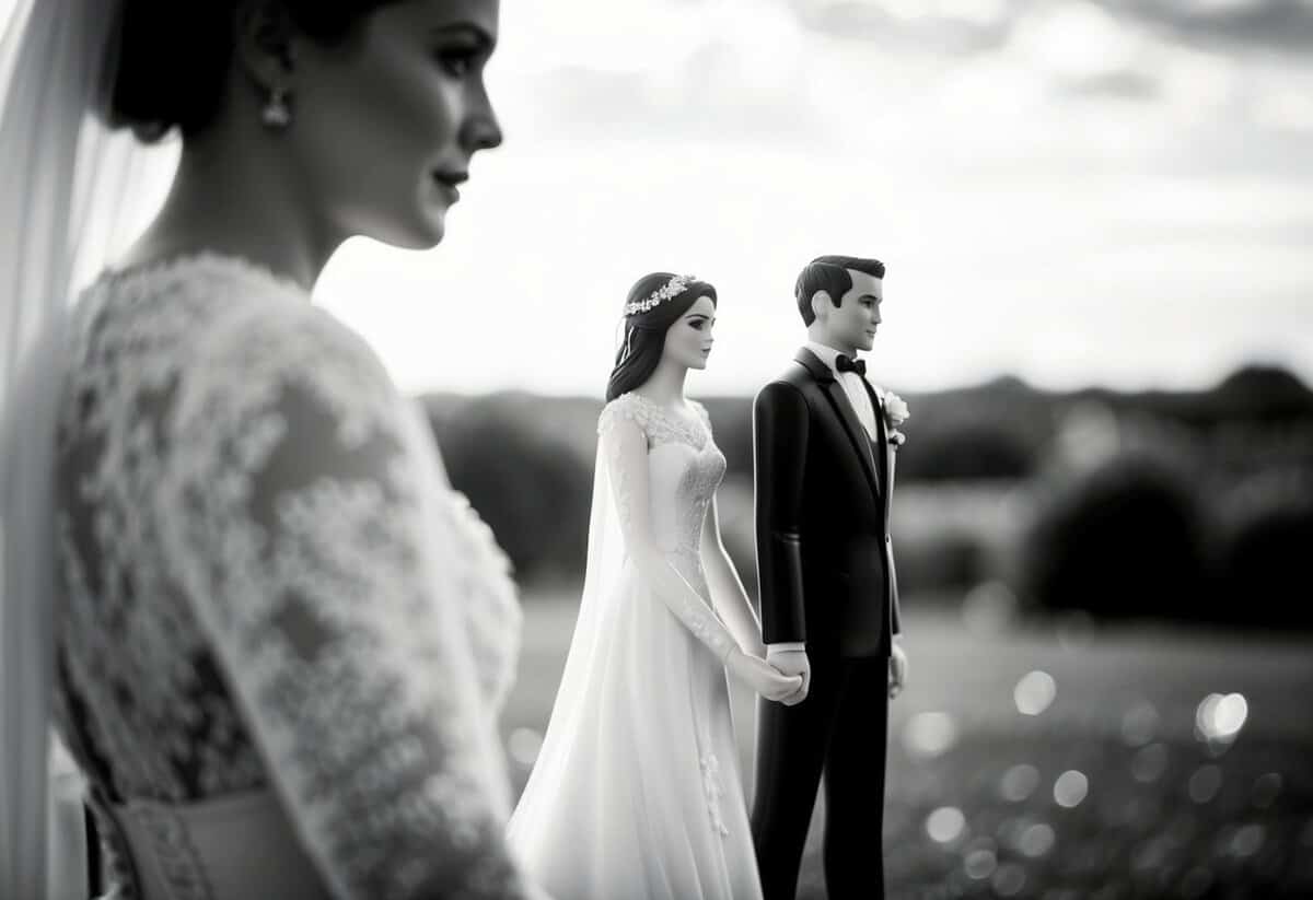 A figure stands beside the bride, facing forward