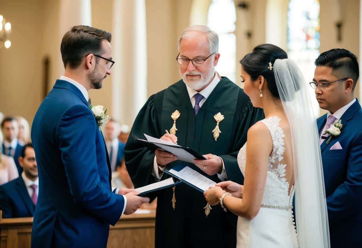 A minister officiates a wedding, while a registrar records the legal details