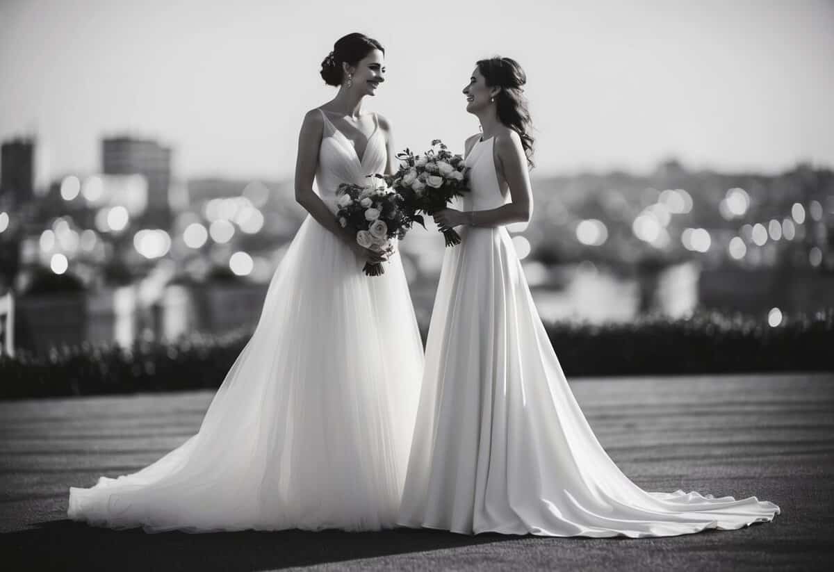 A figure in a flowing gown stands next to the bride, holding a bouquet and looking towards her with a smile