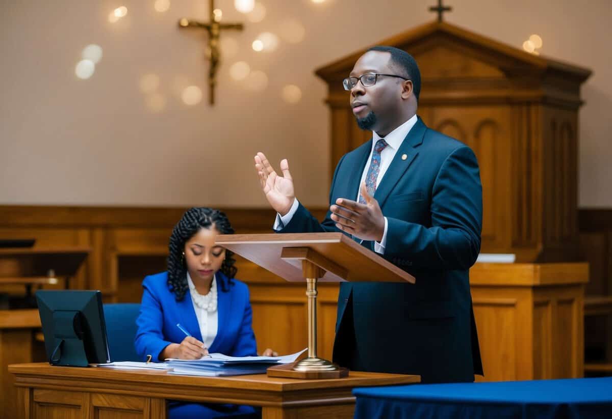 A minister stands at a pulpit, delivering a sermon. A registrar sits at a desk, organizing paperwork