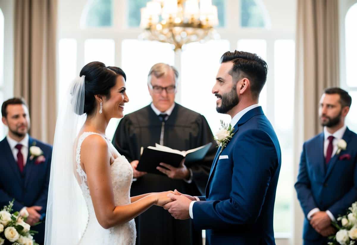The officiant stands before the bride and groom, asking them thoughtful and meaningful questions, as they stand facing each other with love and anticipation in their eyes