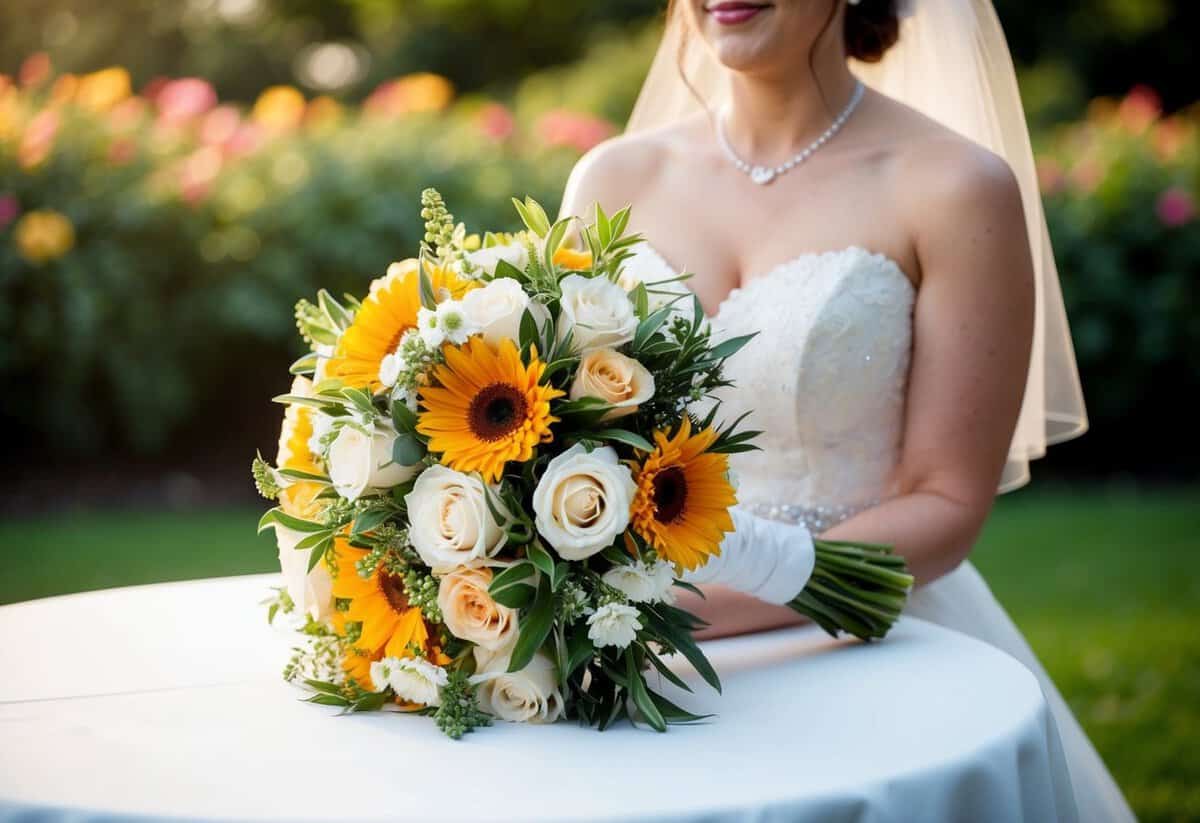 A bouquet of flowers sits on a table next to the bride