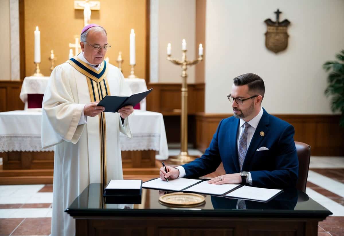A minister stands at an altar with religious symbols, while a registrar sits at a desk with official documents and a seal