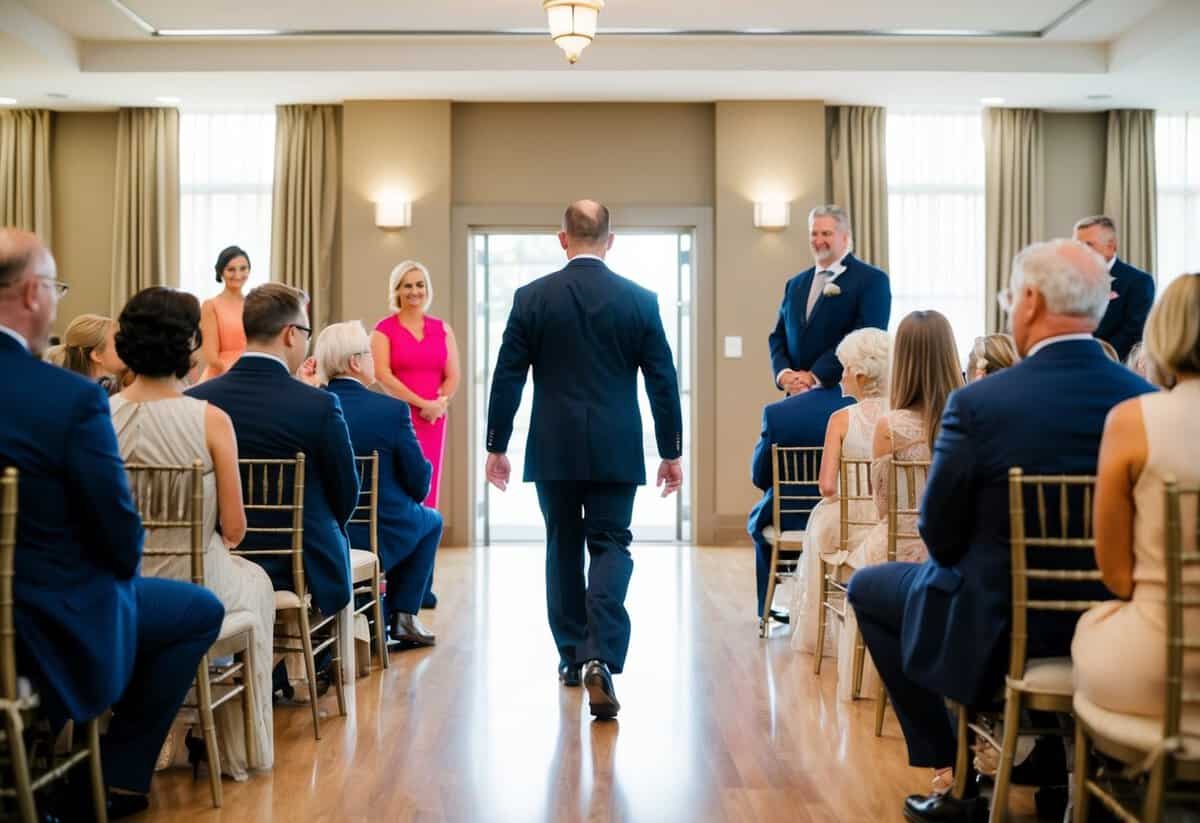 The officiant enters the room first, walking confidently towards the center of the space