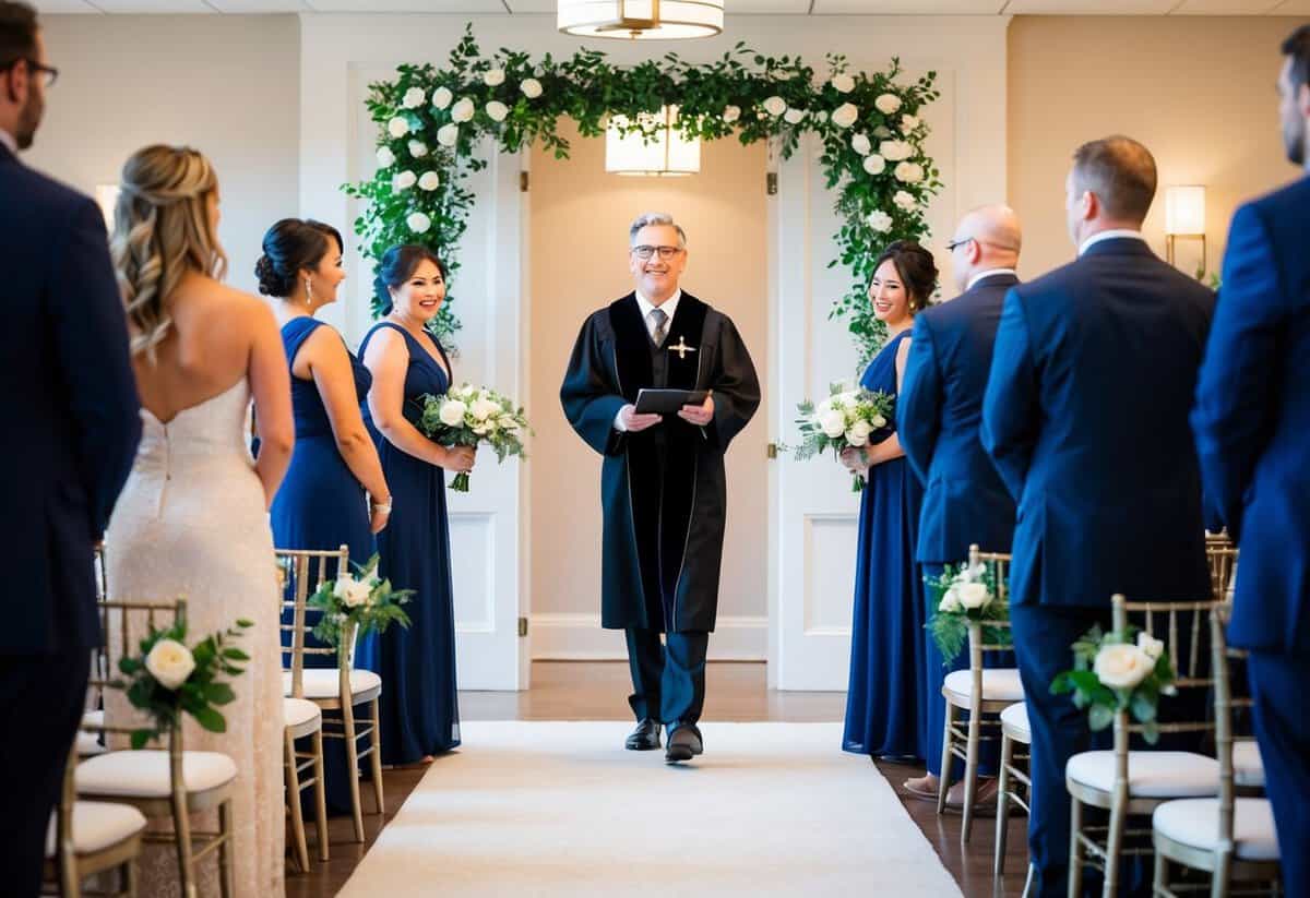 The officiant enters the venue ahead of the bridal party, walking with purpose towards the ceremony space