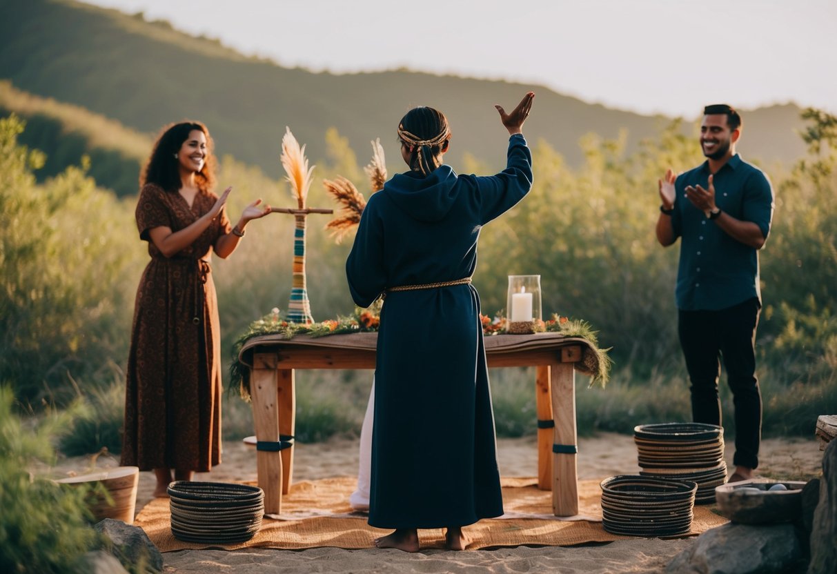 A figure stands before a makeshift altar, surrounded by nature. They gesture as if performing a ceremony, with a sense of joy and celebration in the air