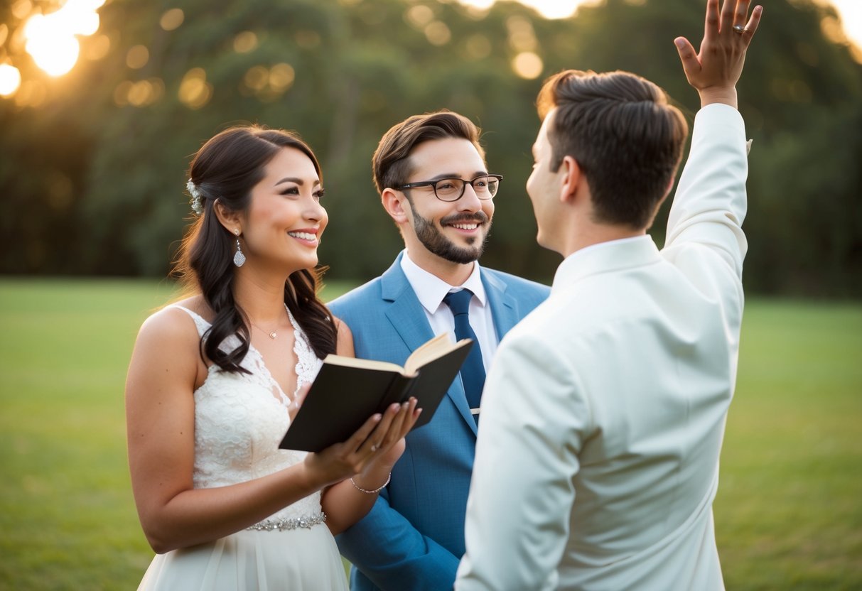 A couple stands before a friend, who holds a book and raises their hand in a gesture of solemnity. The couple looks on with joy and anticipation