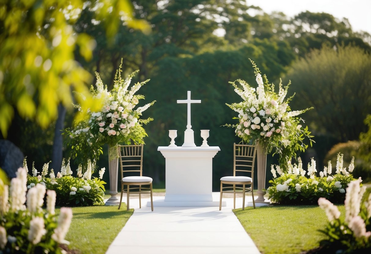 A serene outdoor setting with an altar and two chairs, surrounded by blooming flowers and lush greenery. A gentle breeze moves through the scene, creating a sense of tranquility and anticipation
