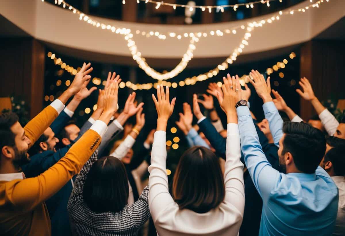 A group of people gathered in a circle, raising their arms in joy and celebration. Decorations and festive atmosphere
