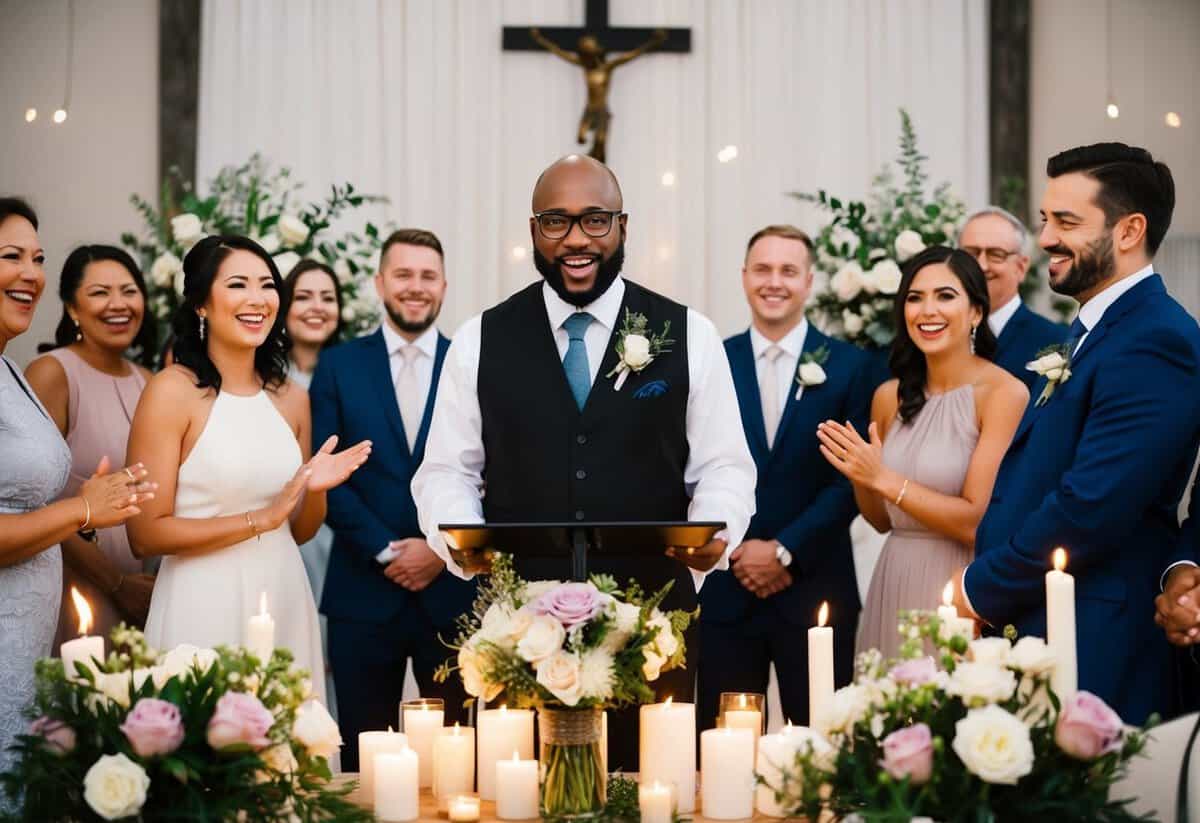 A celebrant leading a wedding ceremony, surrounded by flowers, candles, and joyful guests