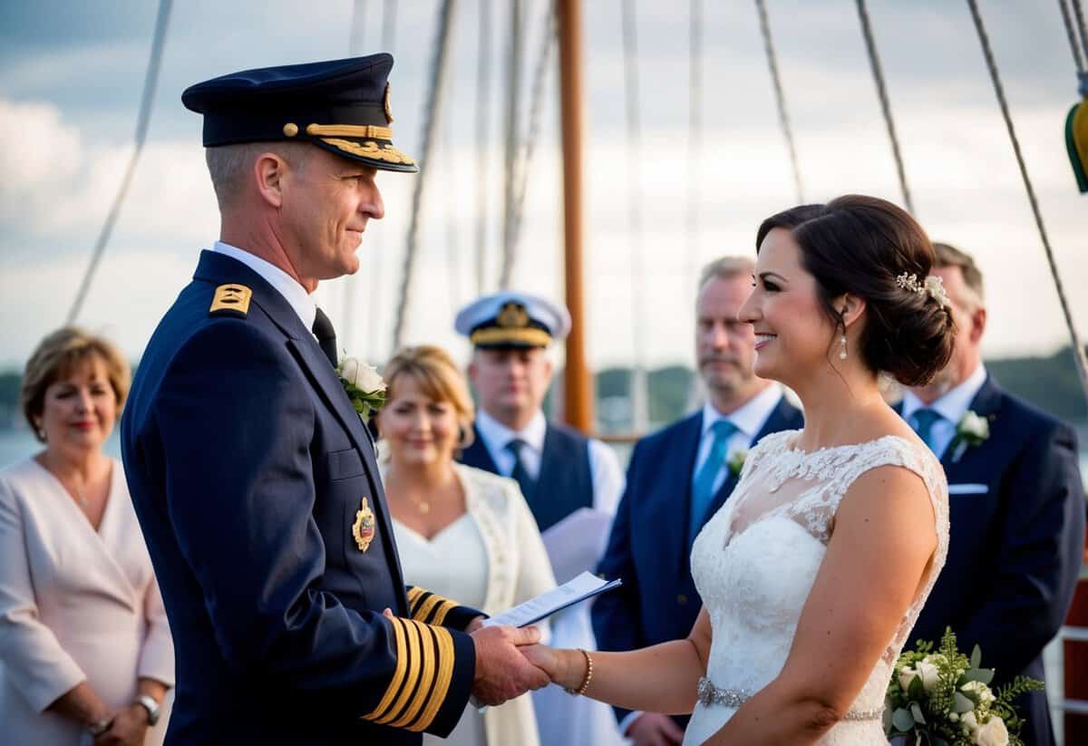 A captain officiates a wedding ceremony on a ship in the UK