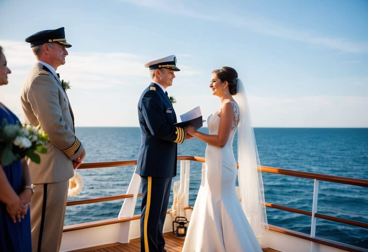 A ship's captain officiates a wedding ceremony on the deck of a vessel sailing on a calm sea under a bright sky