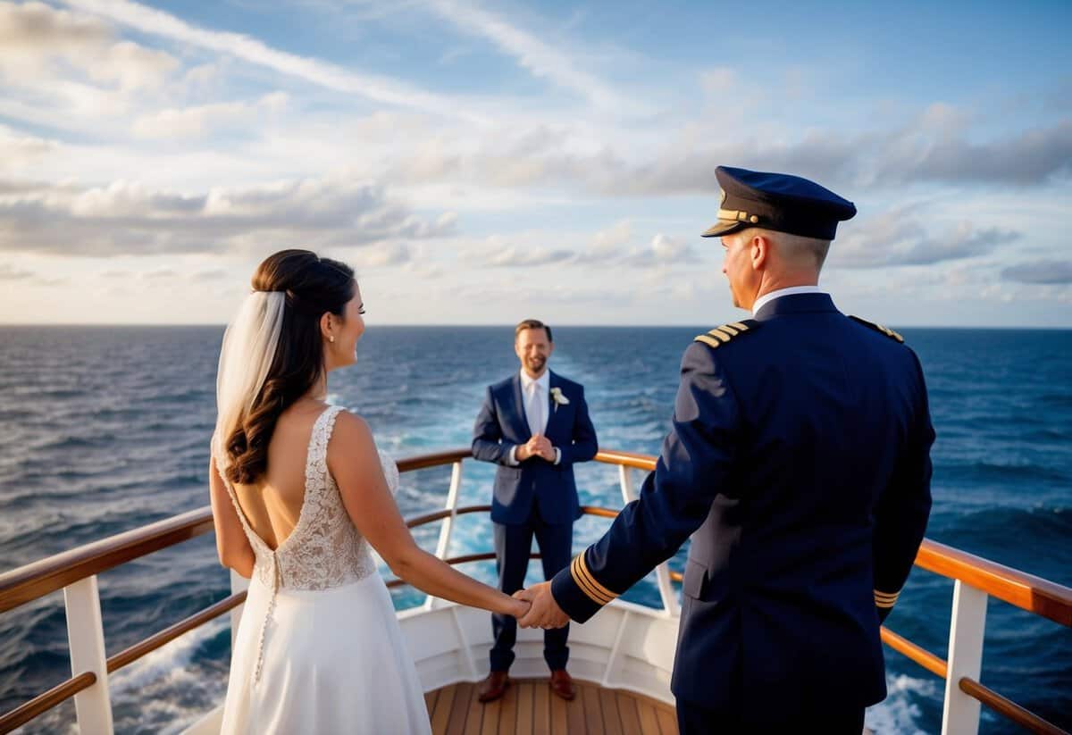 A captain stands on the deck of a ship, overlooking the vast ocean, as a couple holds hands in front of him, ready to be married in the maritime tradition