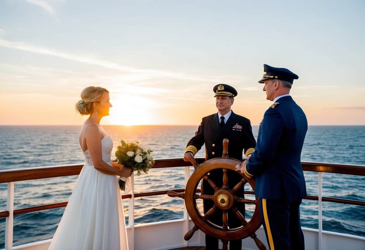 A captain stands at the helm of a ship, overlooking the vast sea. A couple stands before them, exchanging vows as the sun sets on the horizon