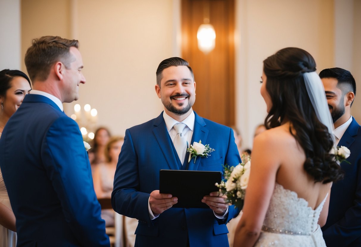 The officiant stands at the center, facing the couple, and begins the introduction with a warm smile and confident demeanor