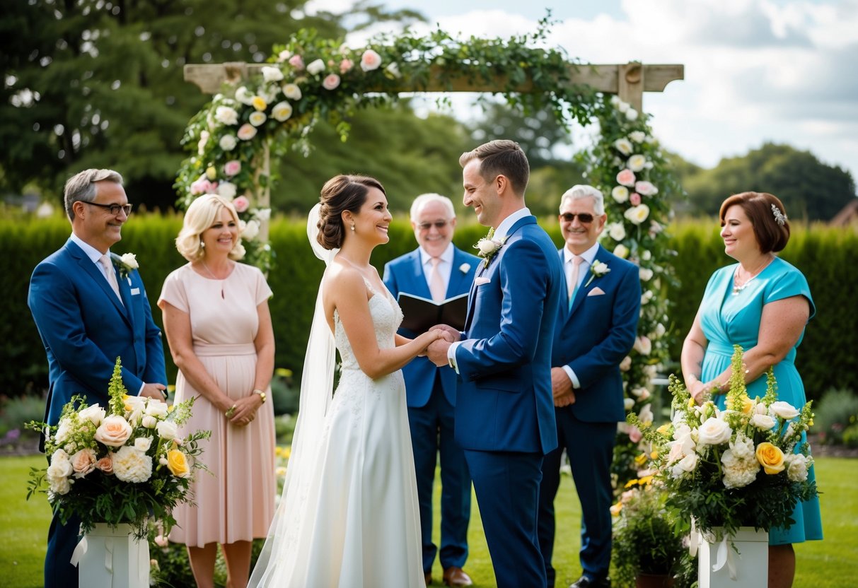 A couple exchanging vows in a garden, surrounded by family and friends, with flowers and decorations adorning the area