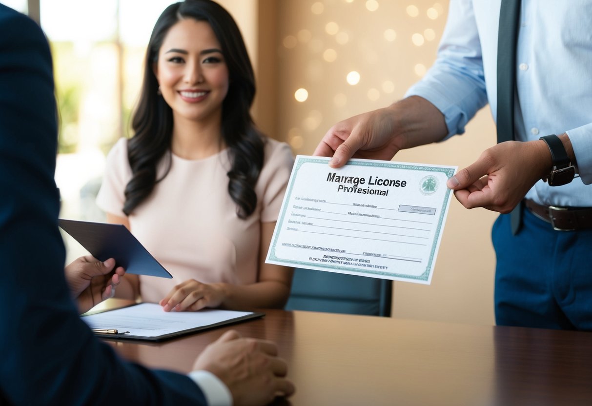 A couple presents a marriage license to a person behind a desk