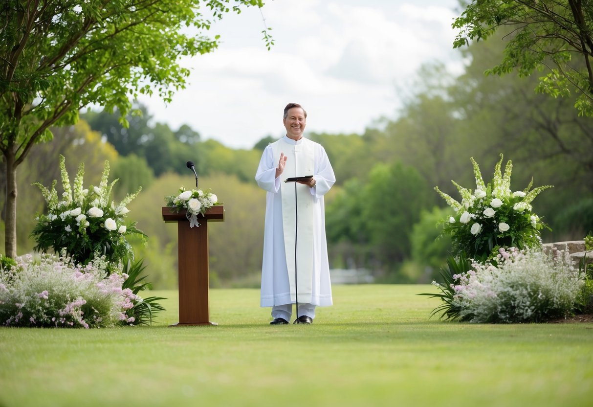 A celebrant for a non-religious wedding stands at the center of a serene outdoor setting, surrounded by lush greenery and blooming flowers, with a small podium or altar in front of them