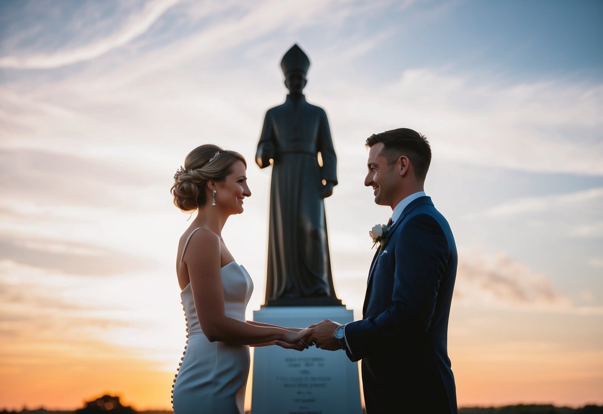 A couple standing before a figure in formal attire, exchanging vows