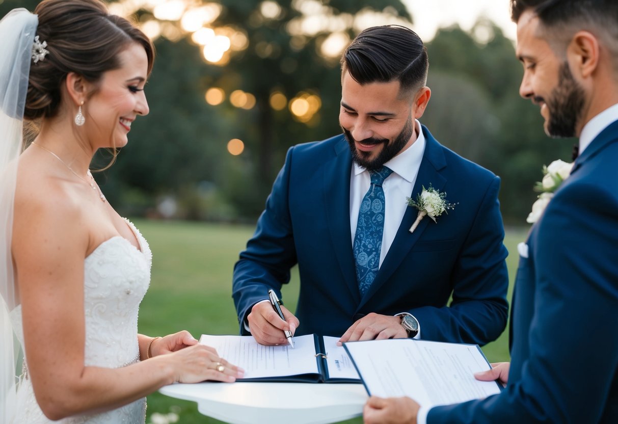 A celebrant officiating a non-religious wedding ceremony, signing legal documents with a couple standing nearby